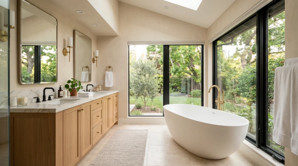 Modern bathroom remodel in Sacramento with updated vanity, tile shower, and new fixtures